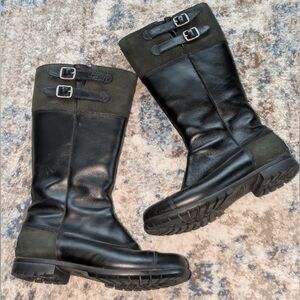 UGG Black and Dark Olive Leather Heeled Boots with Buckles